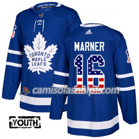Camisola Toronto Maple Leafs Mitchell Marner 16 Adidas 2017-2018 Azul USA Flag Fashion Authentic - Criança